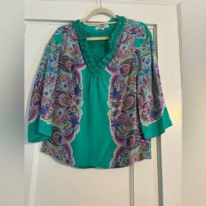 Tibi 4 Shirt Silk Green Paisley Jeweled